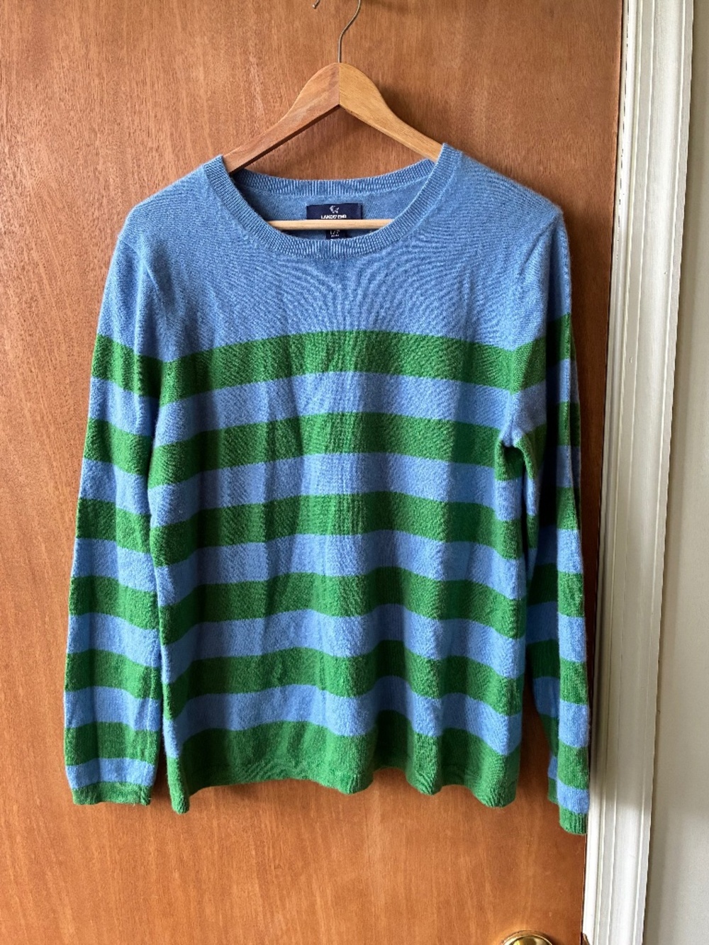 Cashmere crewneck sweater from Lands' End in green/blue, size L/P